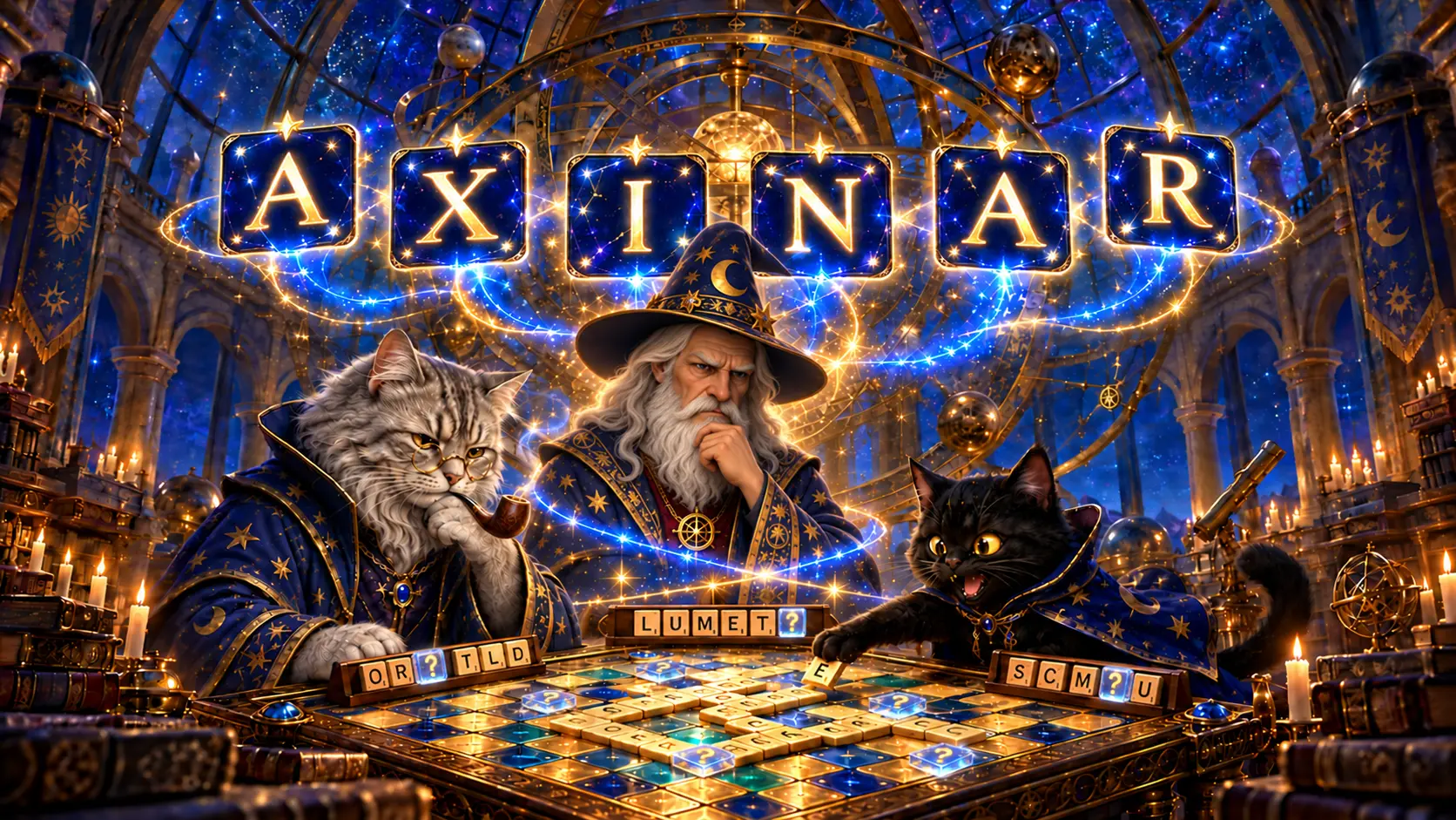 Professor Whiskerquill with his pipe, a stern wizard and Dark Kitty playing Axinar with mutable tiles in the Arcane Observatory